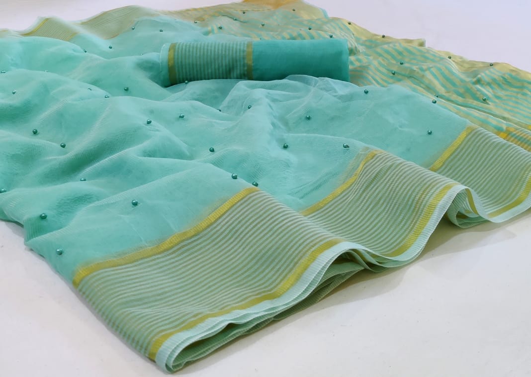 Sea green color kota doria saree with exclusive pearl work