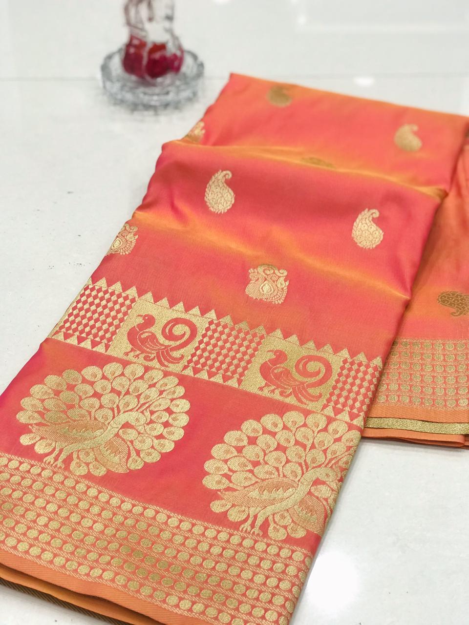 Peach color banarasi silk jecquard work saree with rich pallu
