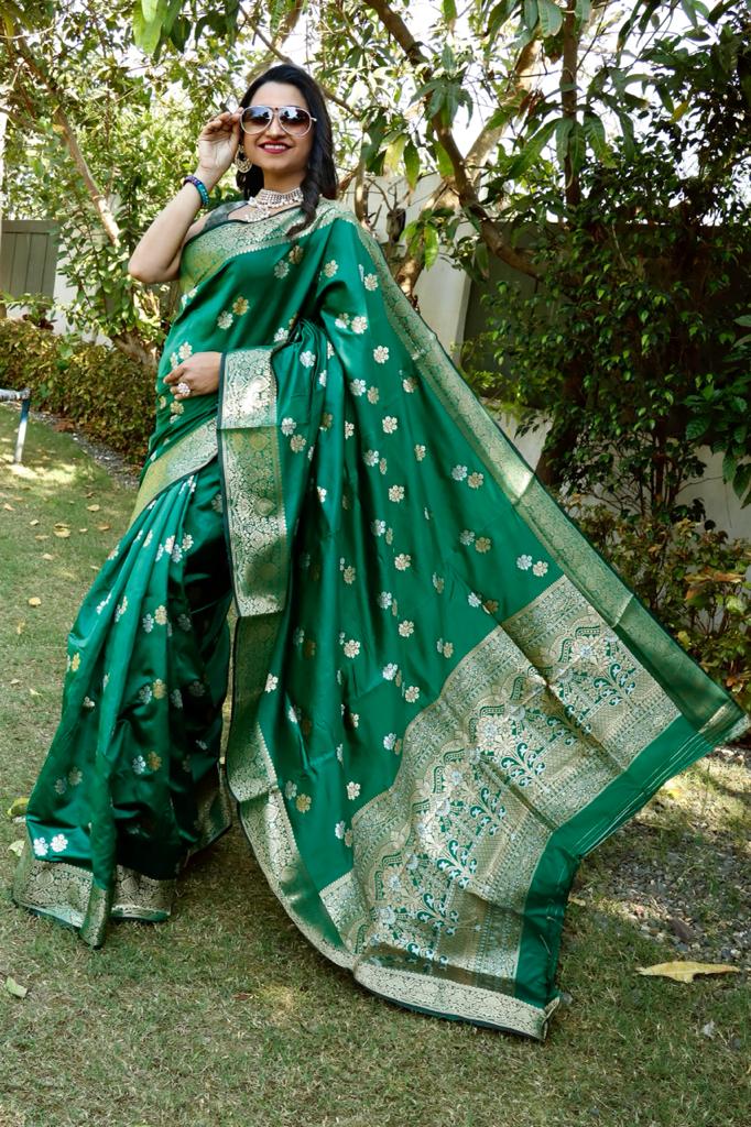 Green color soft lichi silk saree with silver and golden zari weaving work