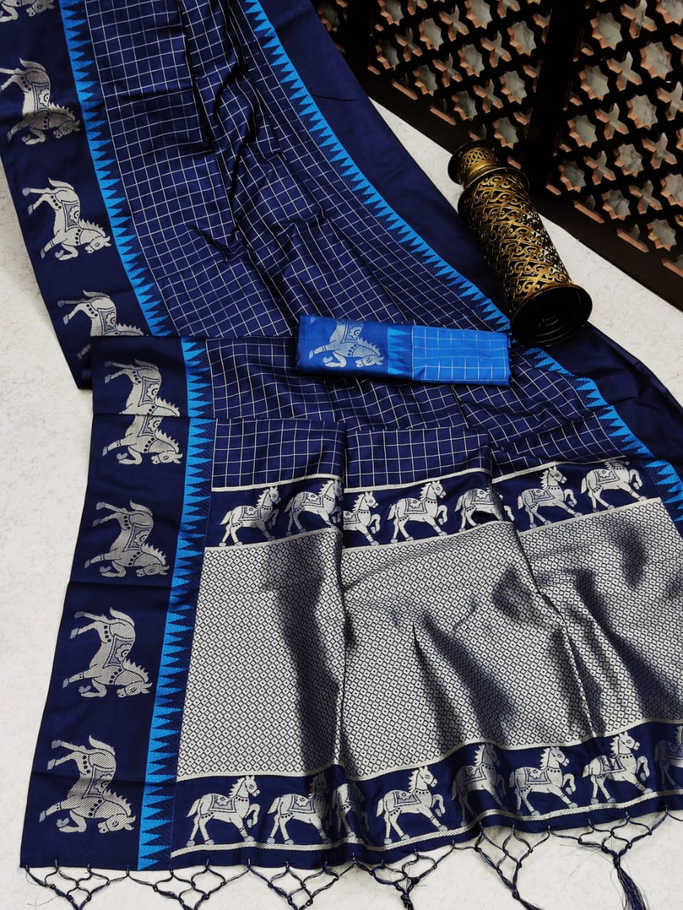 Blue color soft raw silk saree with zari work