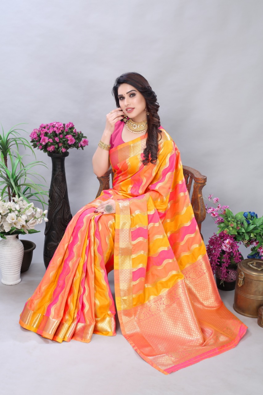 Yellow and pink color banarasi silk saree with zari weaving work