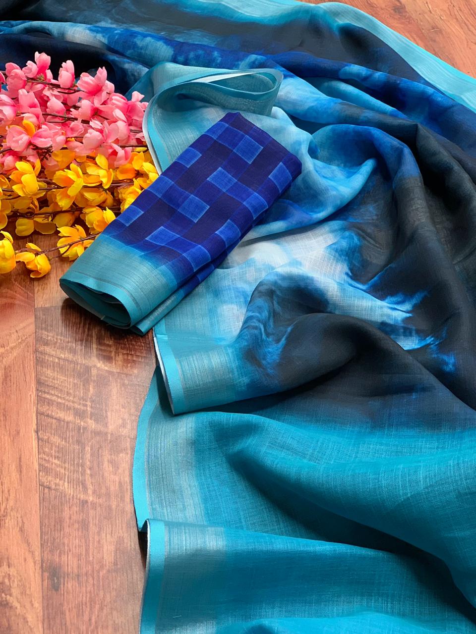 Multi color linen silk saree with silver zari border