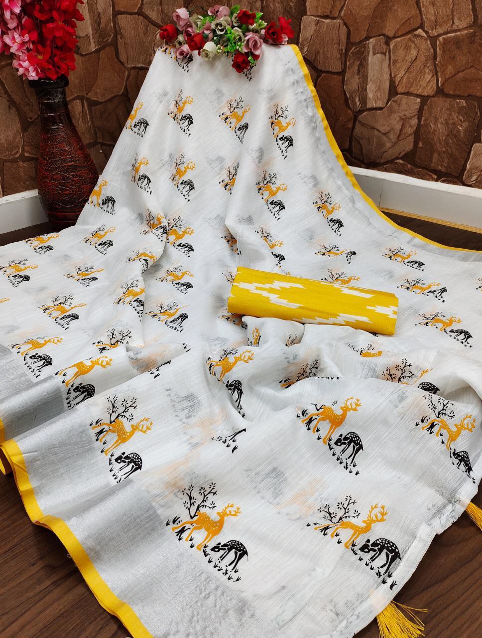 Yellow and white color semi linen cotton saree