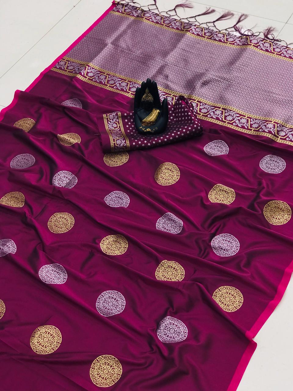 Magenta color banarasi silk weaving jacquard saree with rich pallu