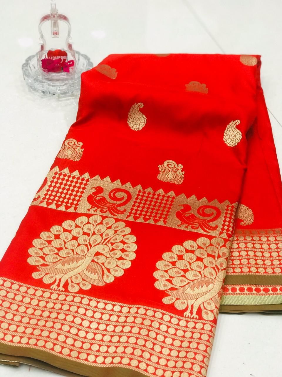 Red color banarasi silk jecquard work saree with rich pallu