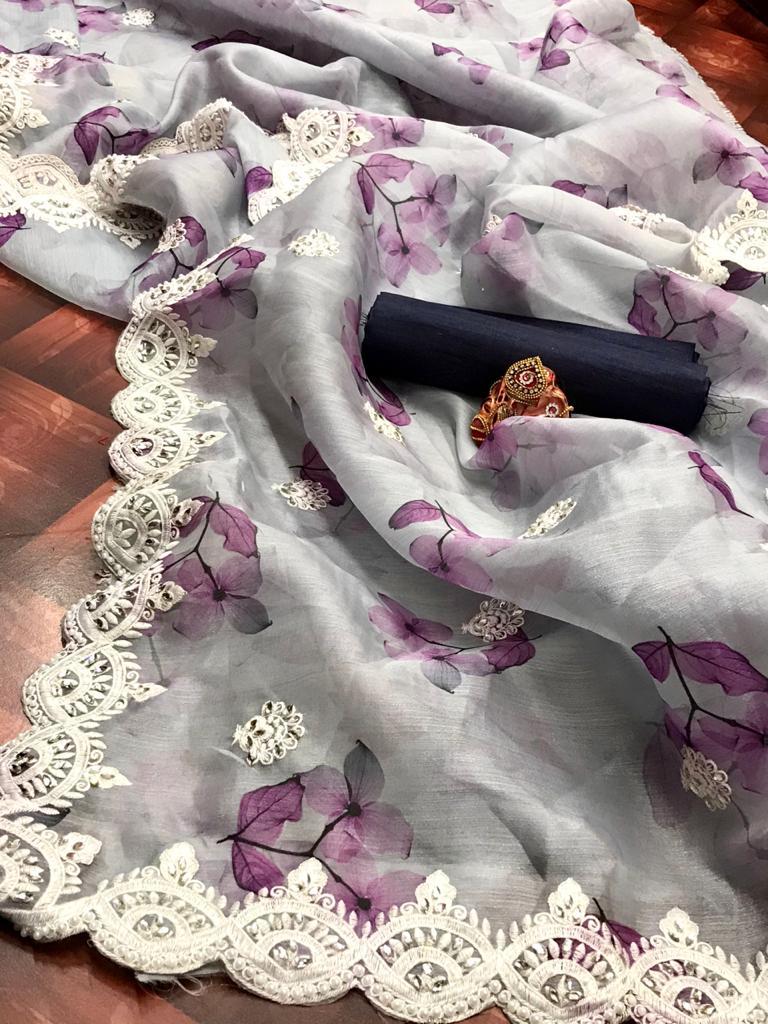 Gray color soft organza silk saree with different floral digital print