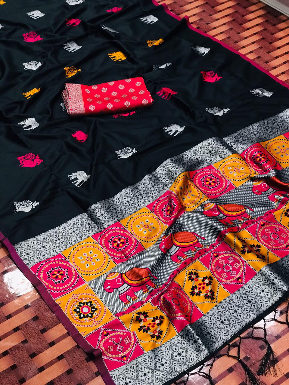 Black color lichi silk saree with silver zari weaving work