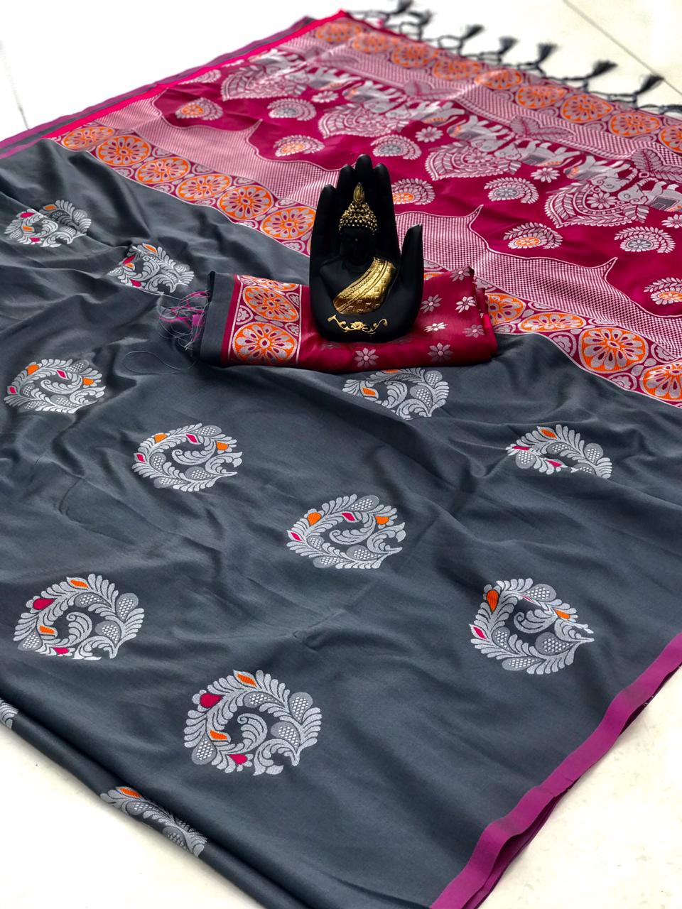 Gray Color Lichi Silk Saree With Silver Zari Weaving Work