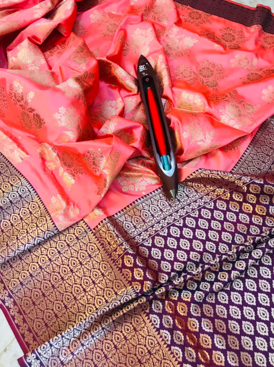Peach color kanchipuram pure silk handloom saree