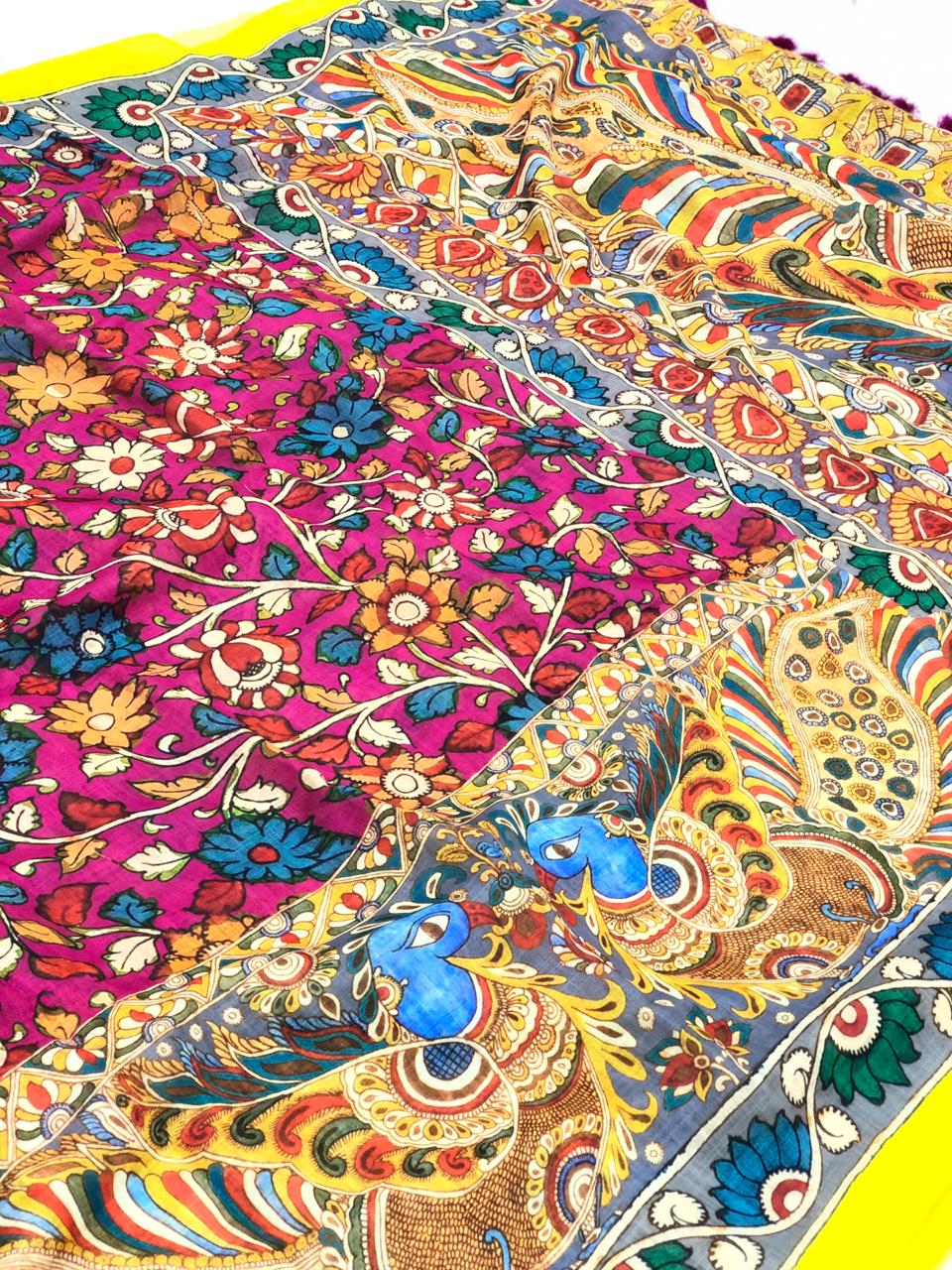 Multi color beautiful linen saree with kalamkari print