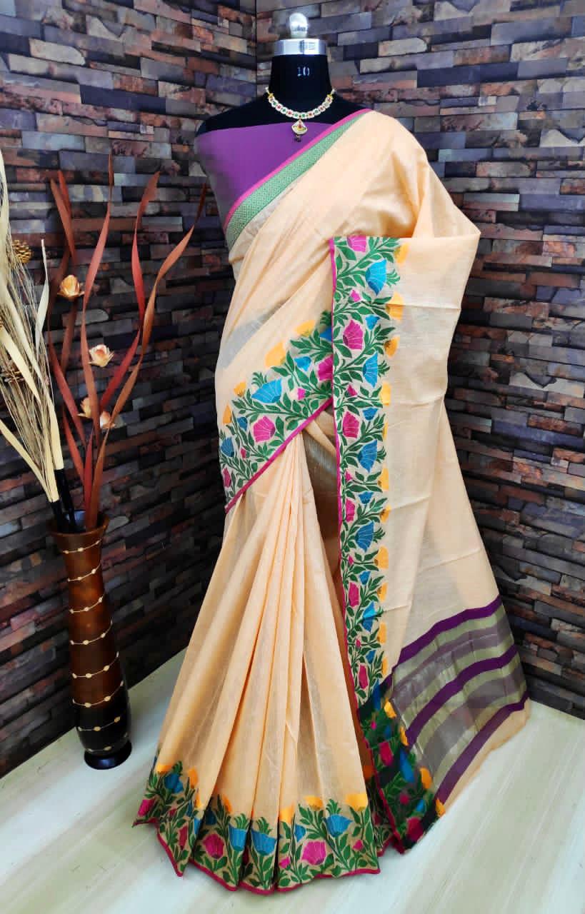 Peach color linen silk saree with flowery weaving border