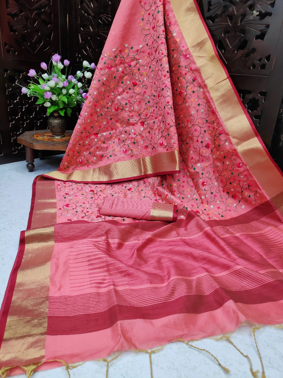 Pink color assam silk saree with embroidered jal work
