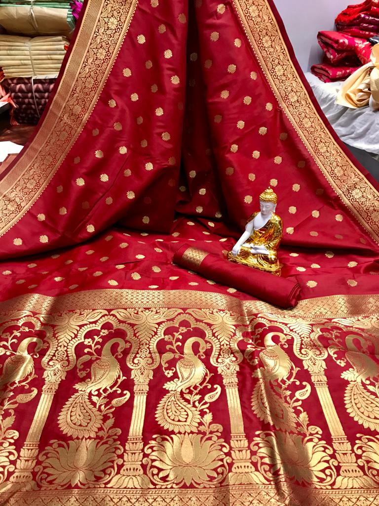 Red color banarasi silk saree with golden zari work