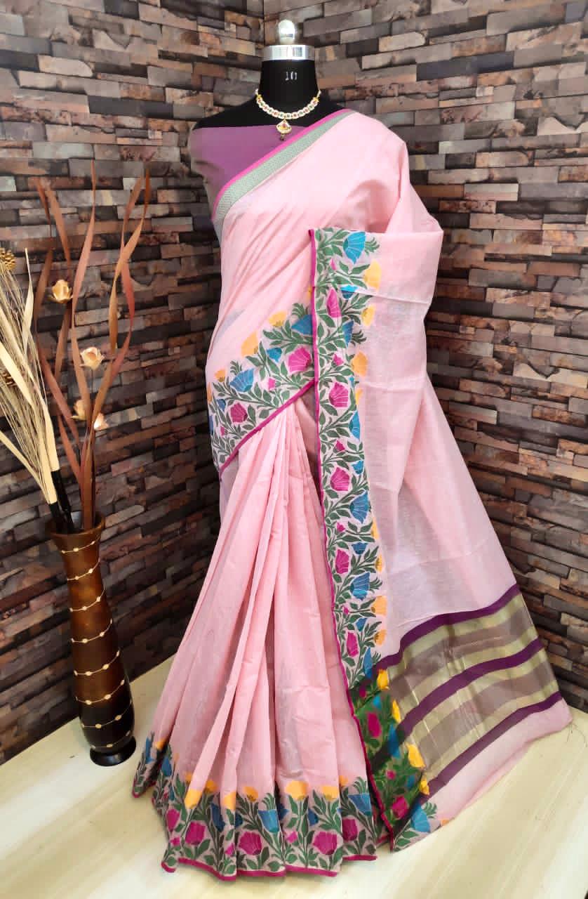 Baby pink color linen silk saree with flowery weaving border