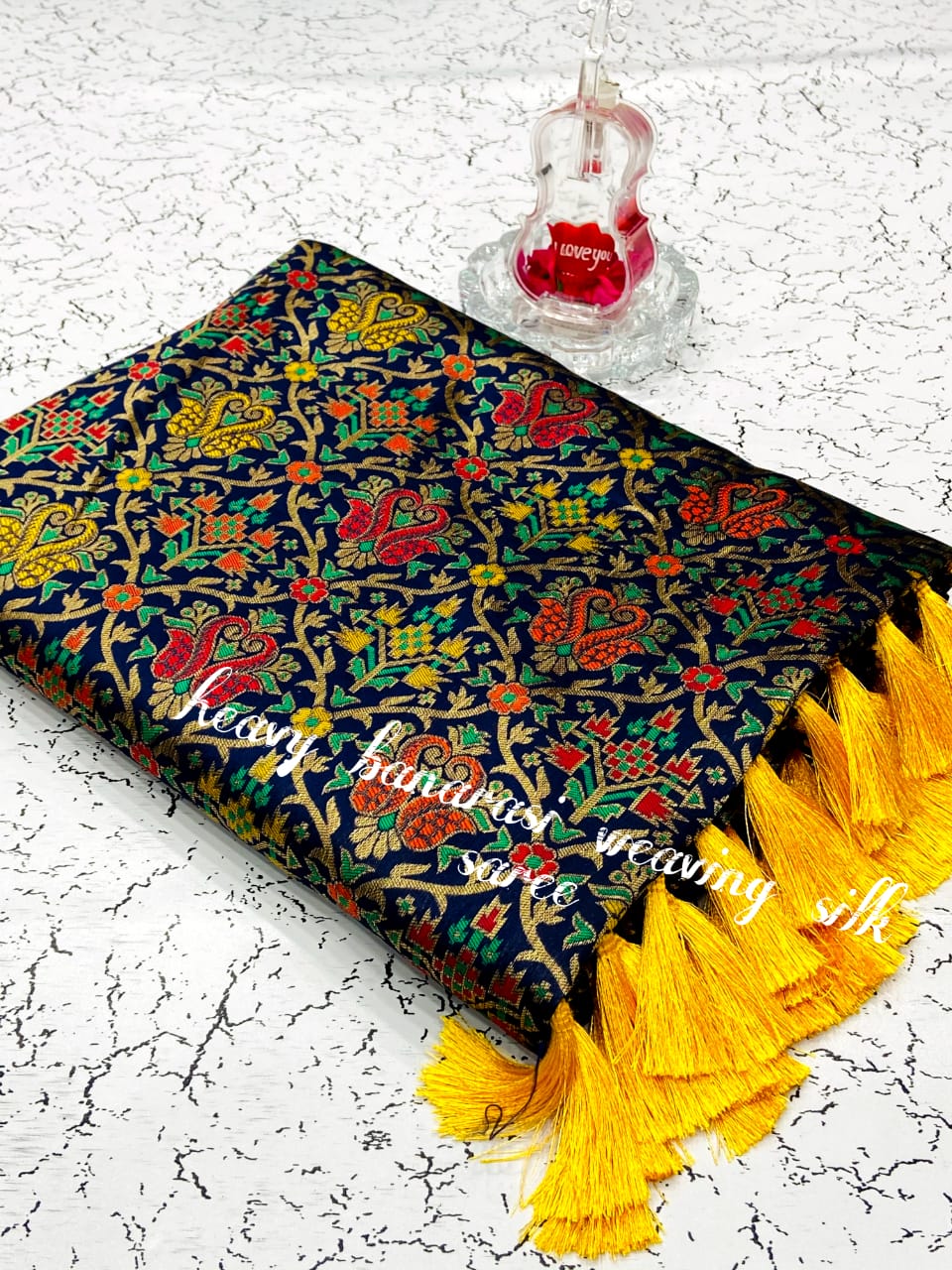 Navy blue color heavy banarasi weaving silk saree with beautiful tassel