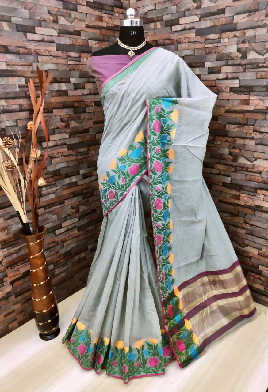 Gray color soft linen silk saree with woven work