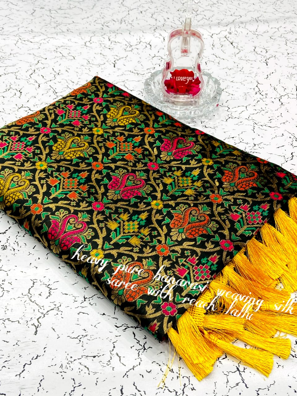 Black color heavy banarasi weaving silk saree with beautiful tassel