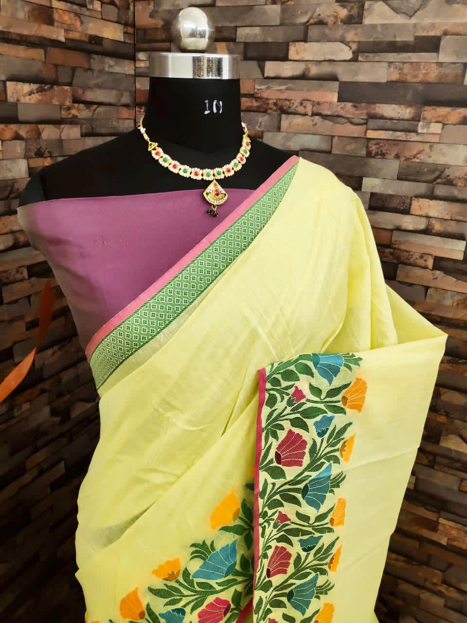 Yellow color linen silk saree with flowery weaving border