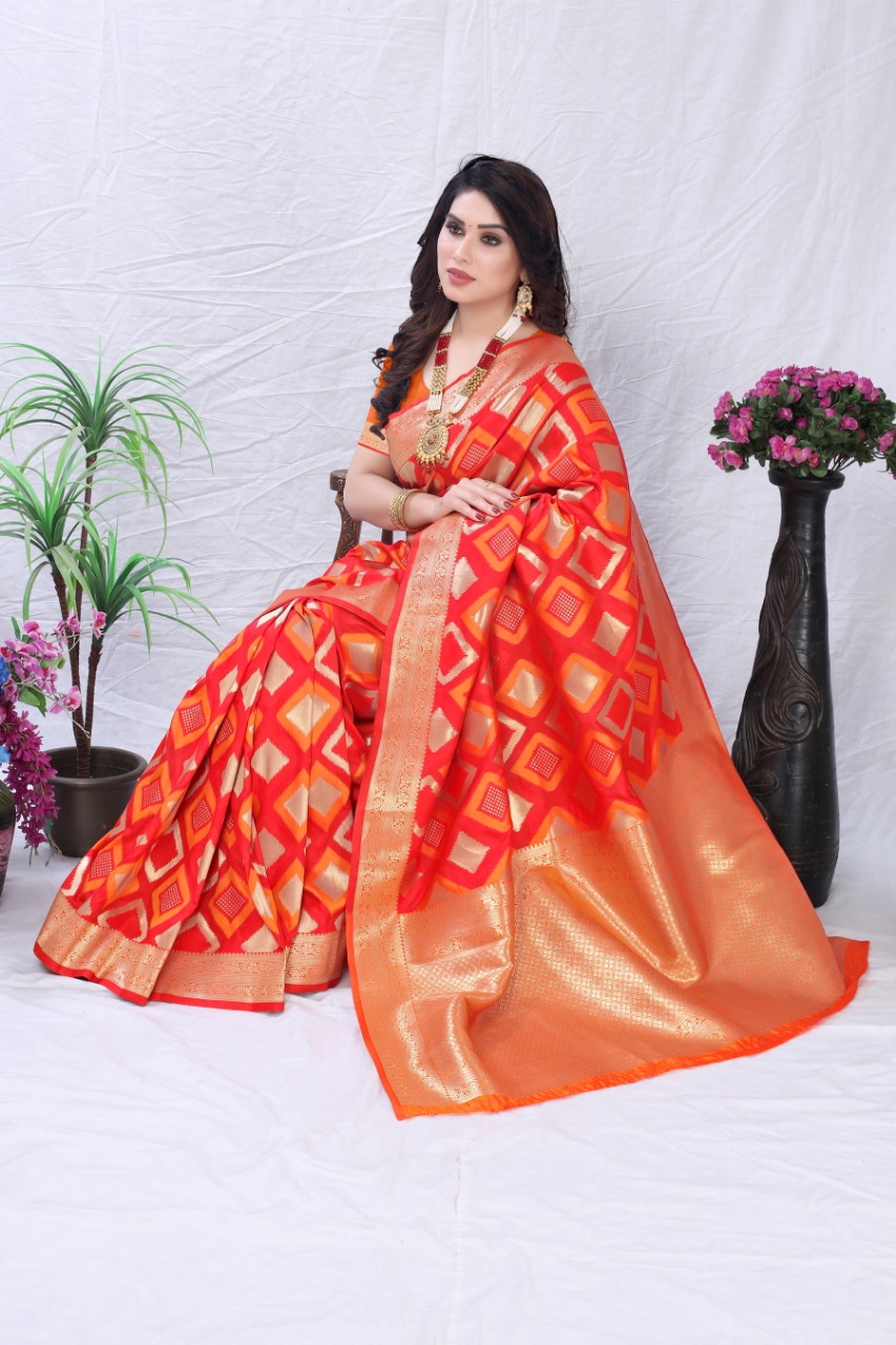 Red color banarasi silk saree with golden zari weaving work