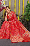 Red color soft kanchipuram silk saree with zari woven work