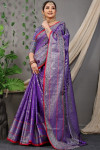 Purple color kanchipuram silk saree with silver zari weaving work