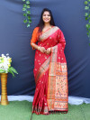 Dark red color soft paithani silk saree with golden zari work