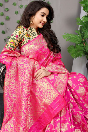 Baby pink color tussar silk saree with golden zari weaving work