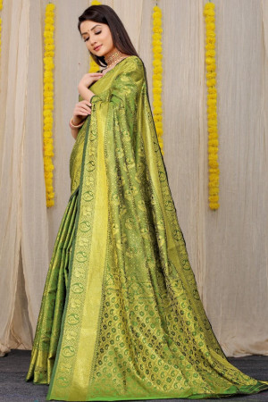 Buy Green Color Banarasi Silk Fabric Saree For Mehndi Online - SREV2644 |  Appelle Fashion