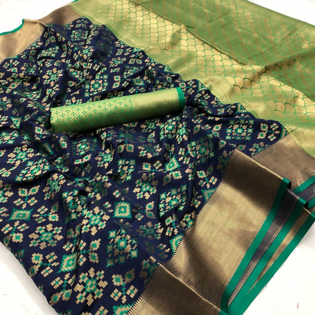 Navy blue color soft banarasi patola silk saree
