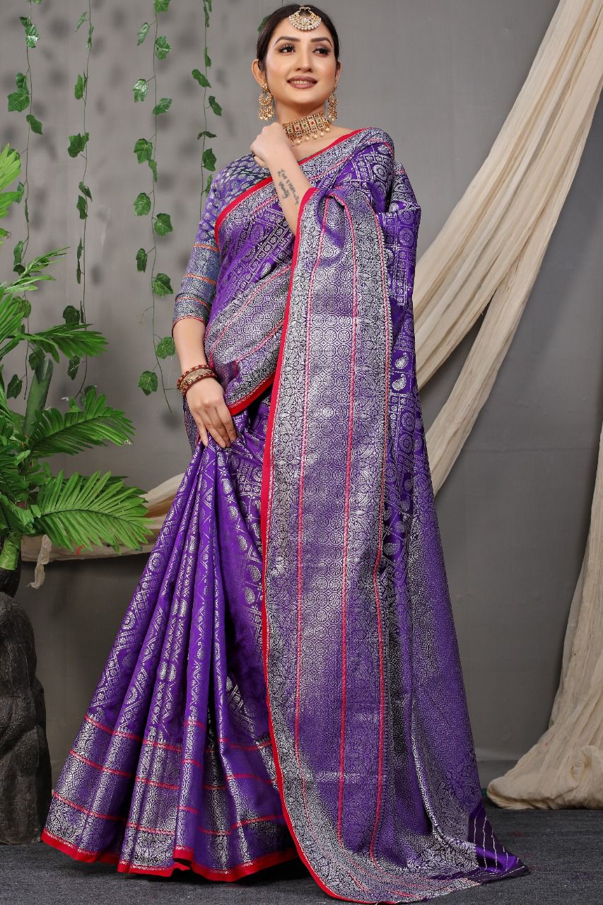 Cerulean Blue With Purple Pallu And Border Soft Silk Saree – BharatSthali