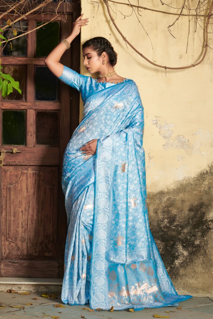 Buy PRANSHU Woven, Self Design Bollywood Art Silk, Georgette Blue Sarees  Online @ Best Price In India | Flipkart.com