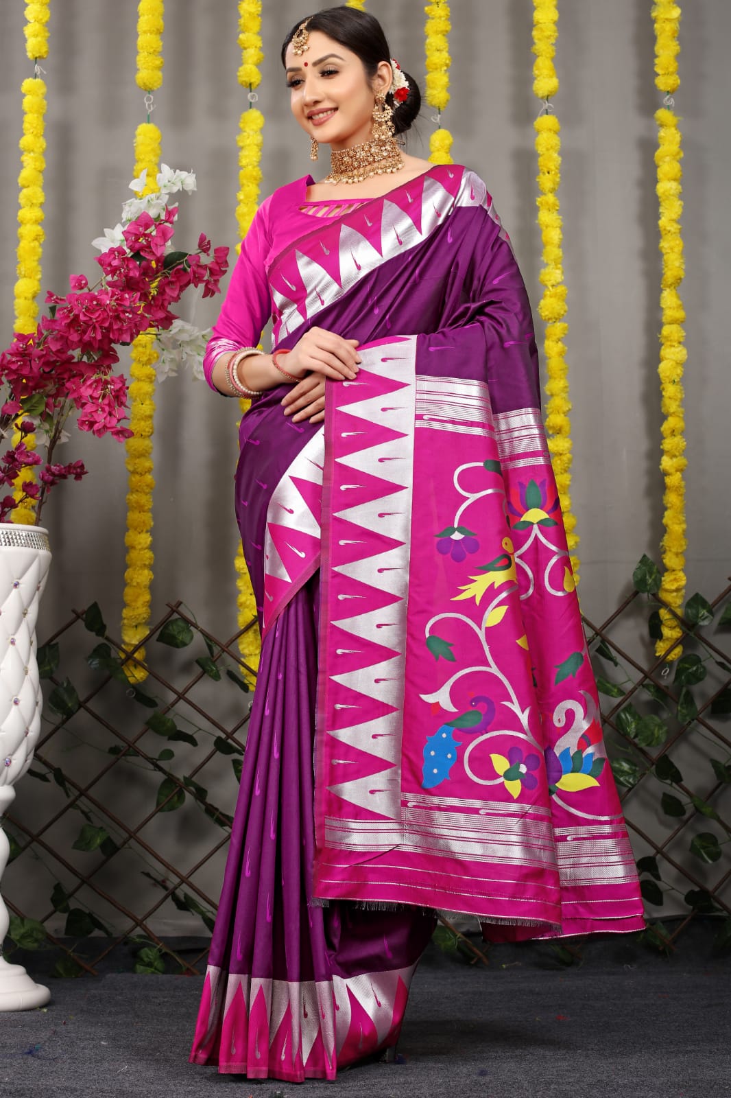 Dark Magenta Purple Tussar Silk Paithani Saree