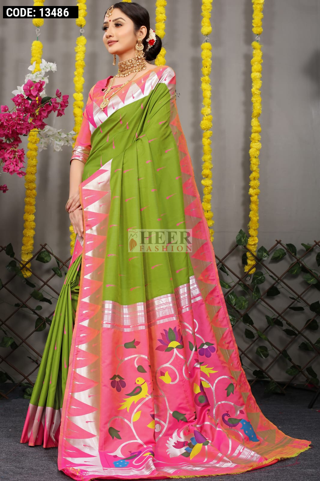 Parrot Green Woven Art Silk Paithani Saree