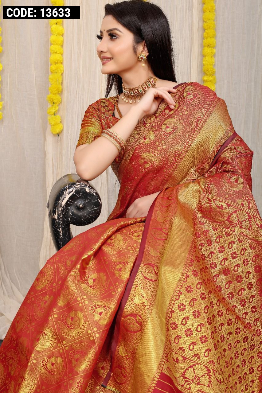 ROYAL EXPORT Plain fancy rangoli print sequnce work red color silk saree,  Dry clean at Rs 950 in Surat