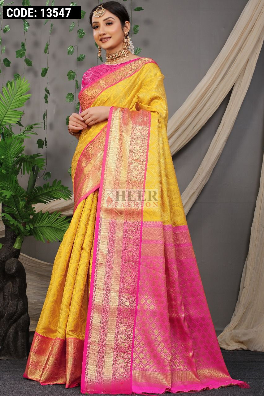 6.3 m (with blouse piece) Party Wear Yellow Kanchipuram Silk Saree at Rs  750 in Surat