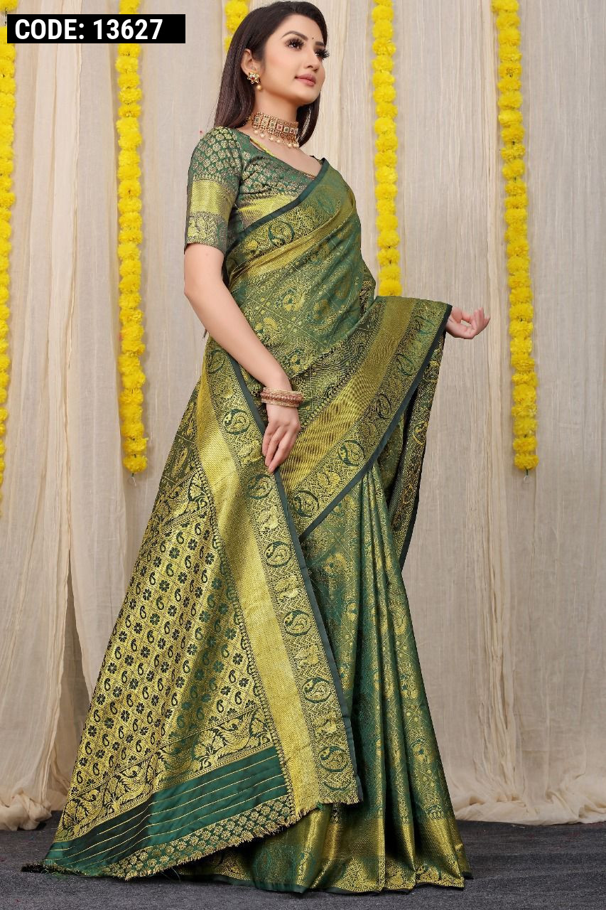 fabulous Dark Green Jacquard Soft Lichi Silk Saree