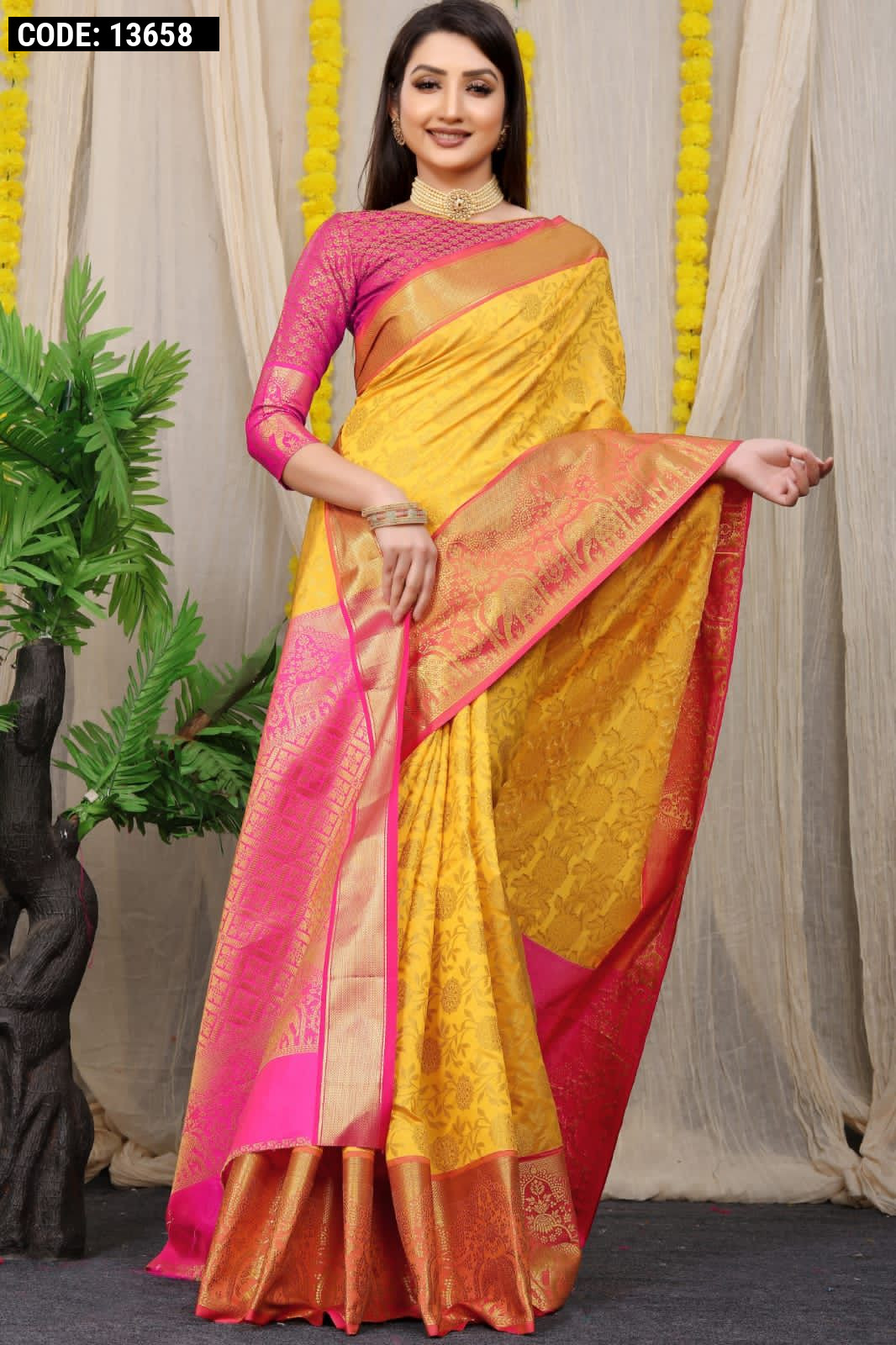 Yellow Haldi Silk Saree Pink Border Zari Work-Trendwati.in