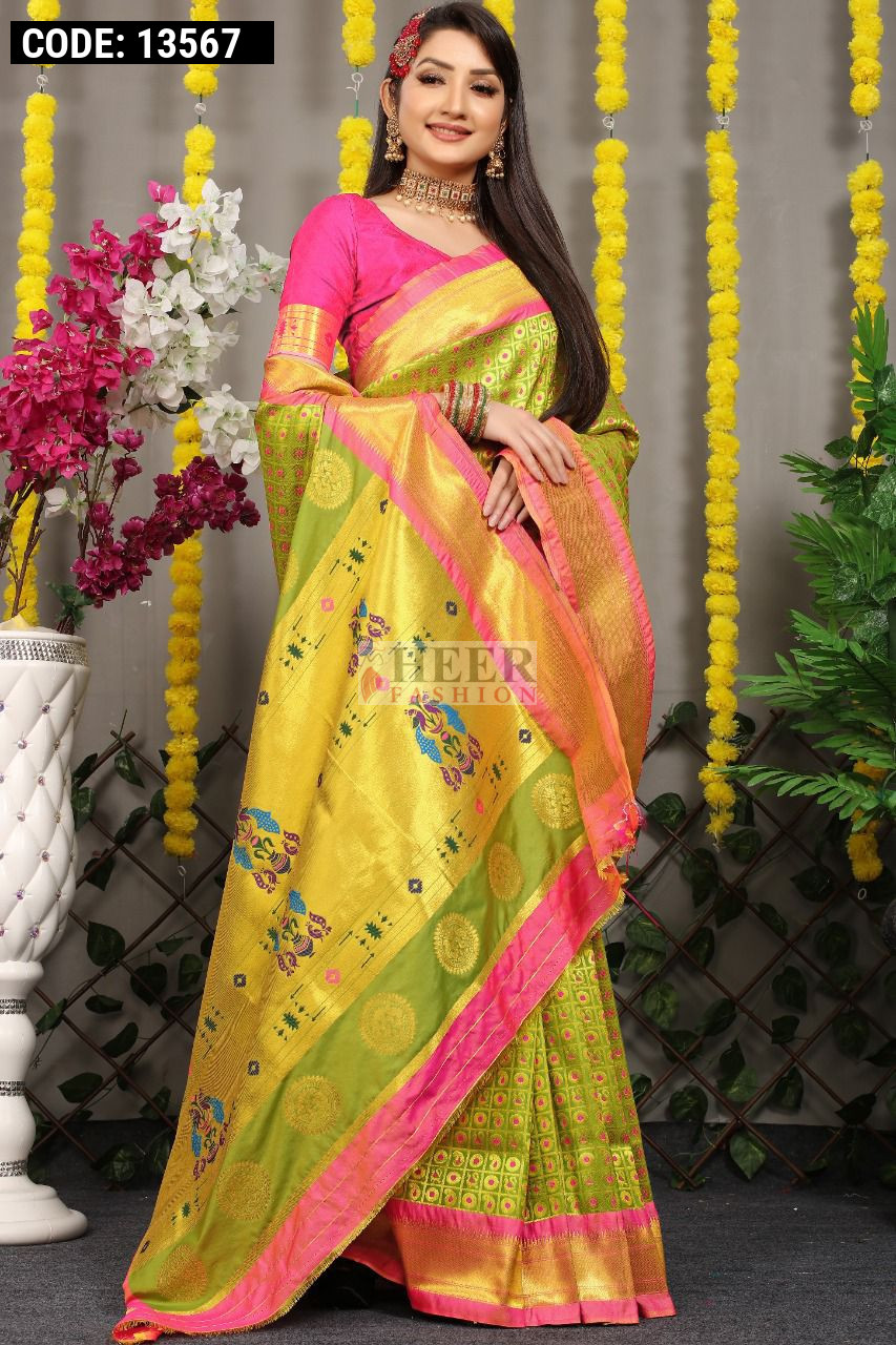 Parrot Green Semi Silk Paithani Saree with Blouse