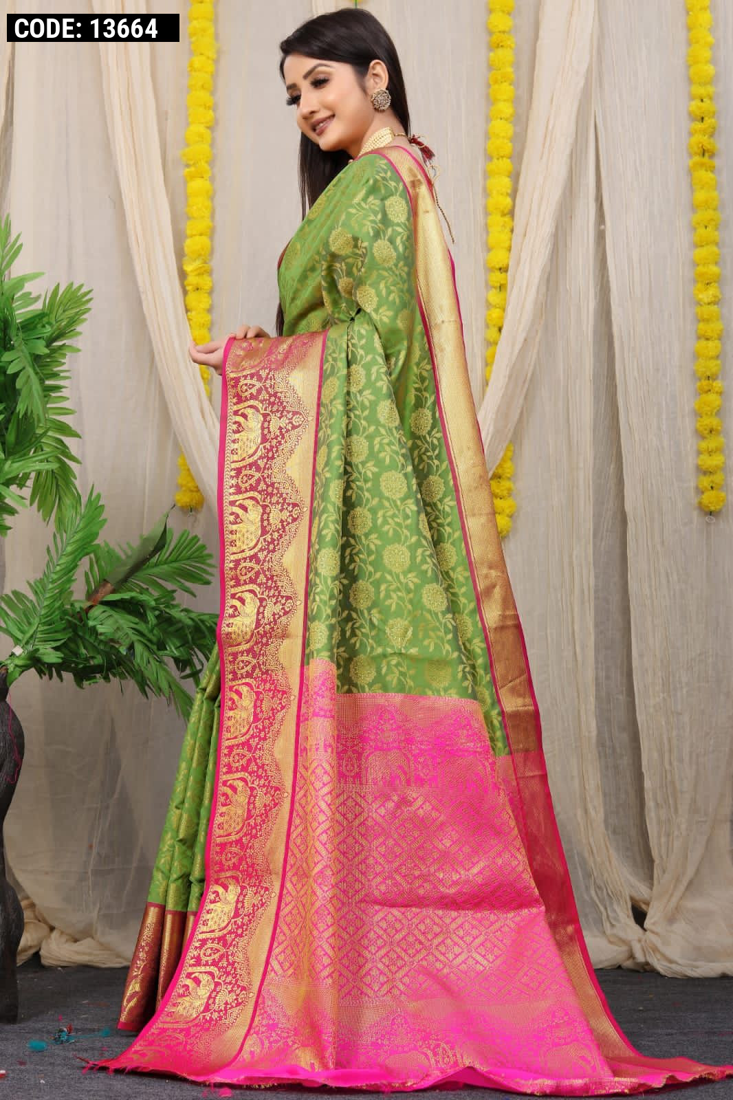 Mehndi Green Banarasi Dola Silk Saree with Embroidery Work - Urban Womania