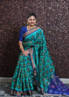 Rama green color soft cotton saree with ikat printed work