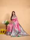 Baby pink color tissue silk saree with zari weaving work