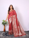 Red color banarasi silk saree with zari weaving work