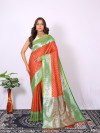 Orange color banarasi silk saree with zari weaving work