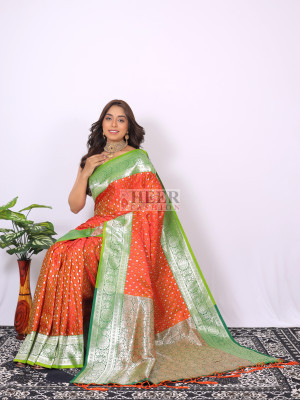 Green & Yellow Printed Paithani Silk Saree with Embroidered Blouse – Ethnos