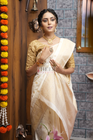 Buy White Kanjeevaram Dola Silk Saree With Unstitched Blouse Kalki Fashion  India