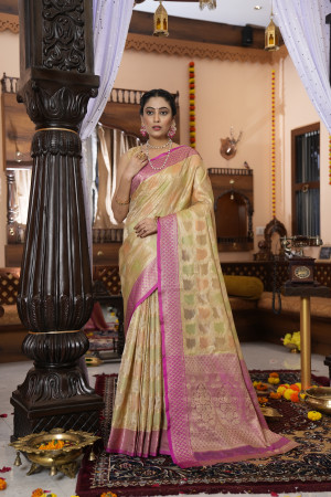 Dark Beige Fancy Printed Festival Tissue Silk Saree