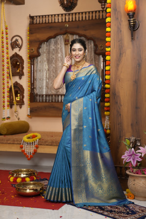 fcity.in - Women Banarasi Pure Silk Saree Rama Blue Color Fancy Designer And