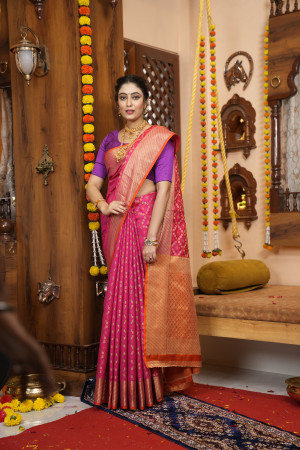 Rani pink woven pure georgette saree with blouse - Lilots - 4027224