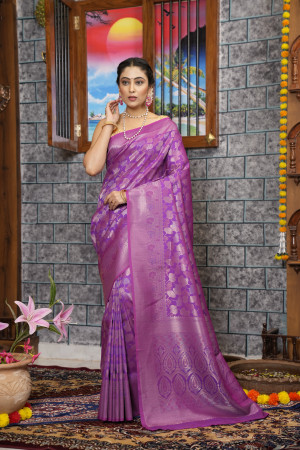 Spanish Violet Purple Kanjivaram Silk Saree With Floral Pattern – Cherrypick