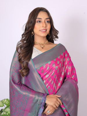 Buy VILLAGIUS Self Design, Embellished, Applique, Solid/Plain Banarasi  Cotton Silk Saree (Green, Pink) Online at Best Prices in India - JioMart.